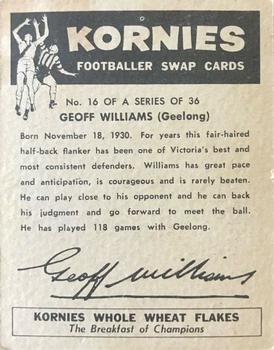 1959 Kornies VFL Footballer Swap Cards #16 Geoff Williams Back